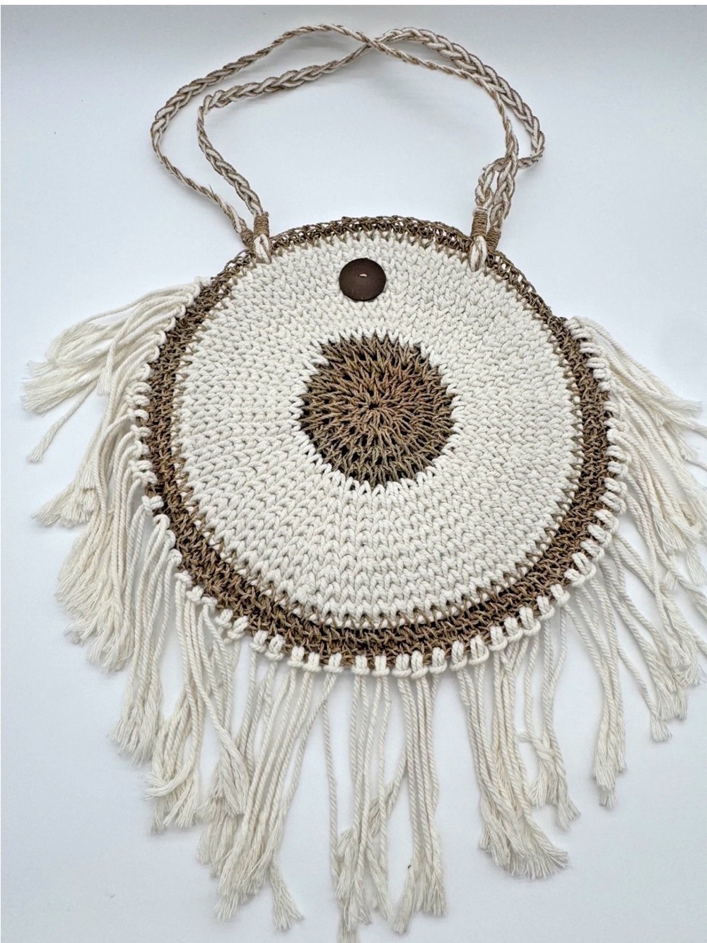 Anthropologie Beige Cream Crochet Fringe Boho Woven Ring